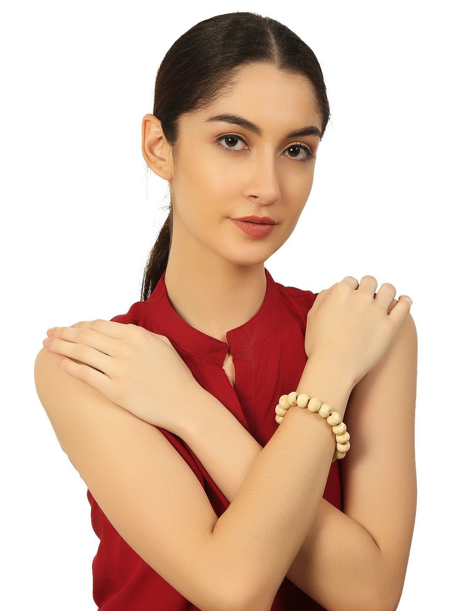 IMLI STREET Off White Artificial Beaded Stretchable Bracelet for Women