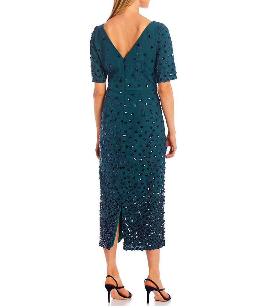 JS Collections Whitney Ombre Sequin Dot Boat Neck Short Sleeve Midi Sheath Dress