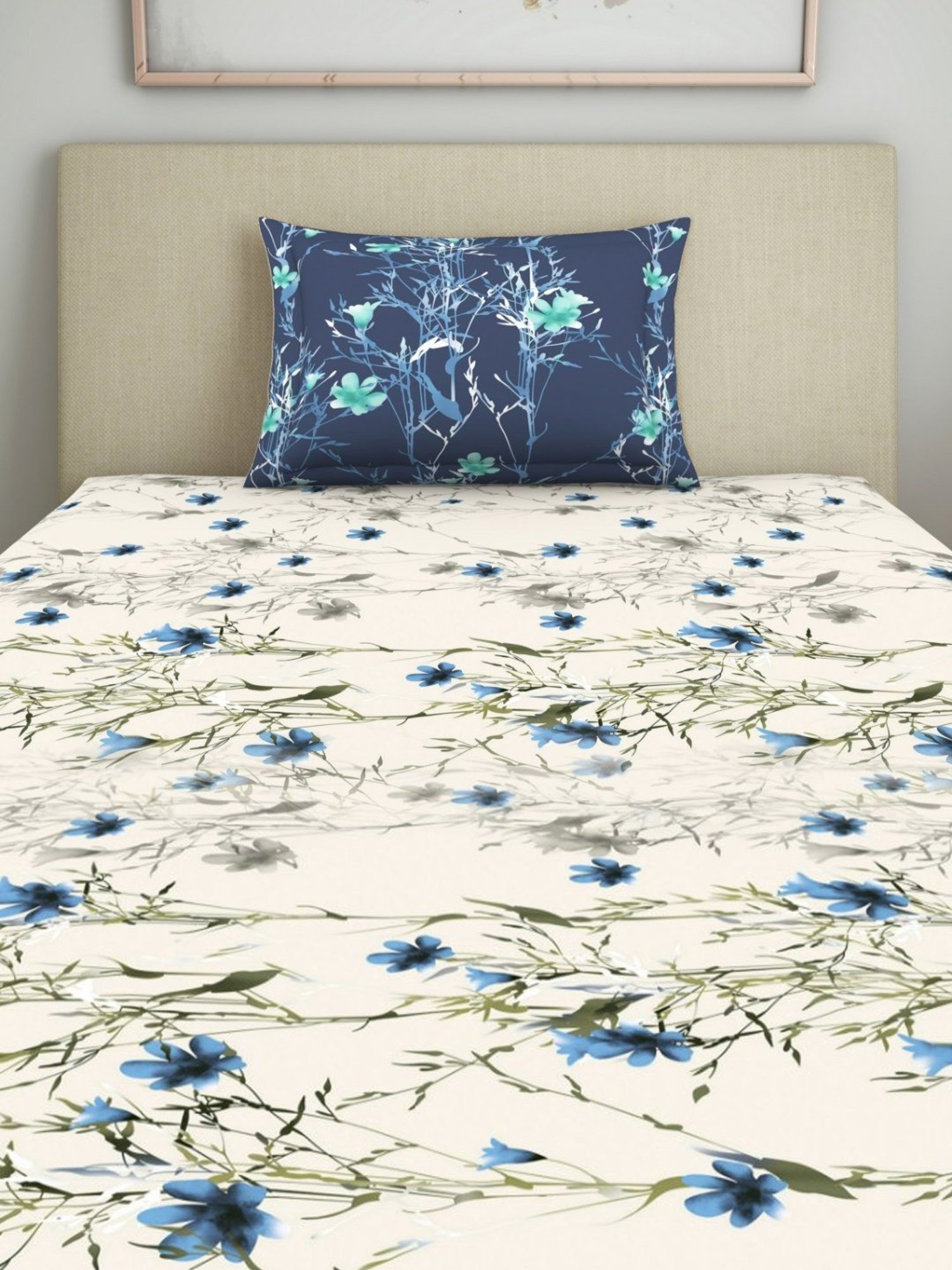 Welspun Blue 144 TC Cotton Single Bed Sheet with 1 Pillow Cover