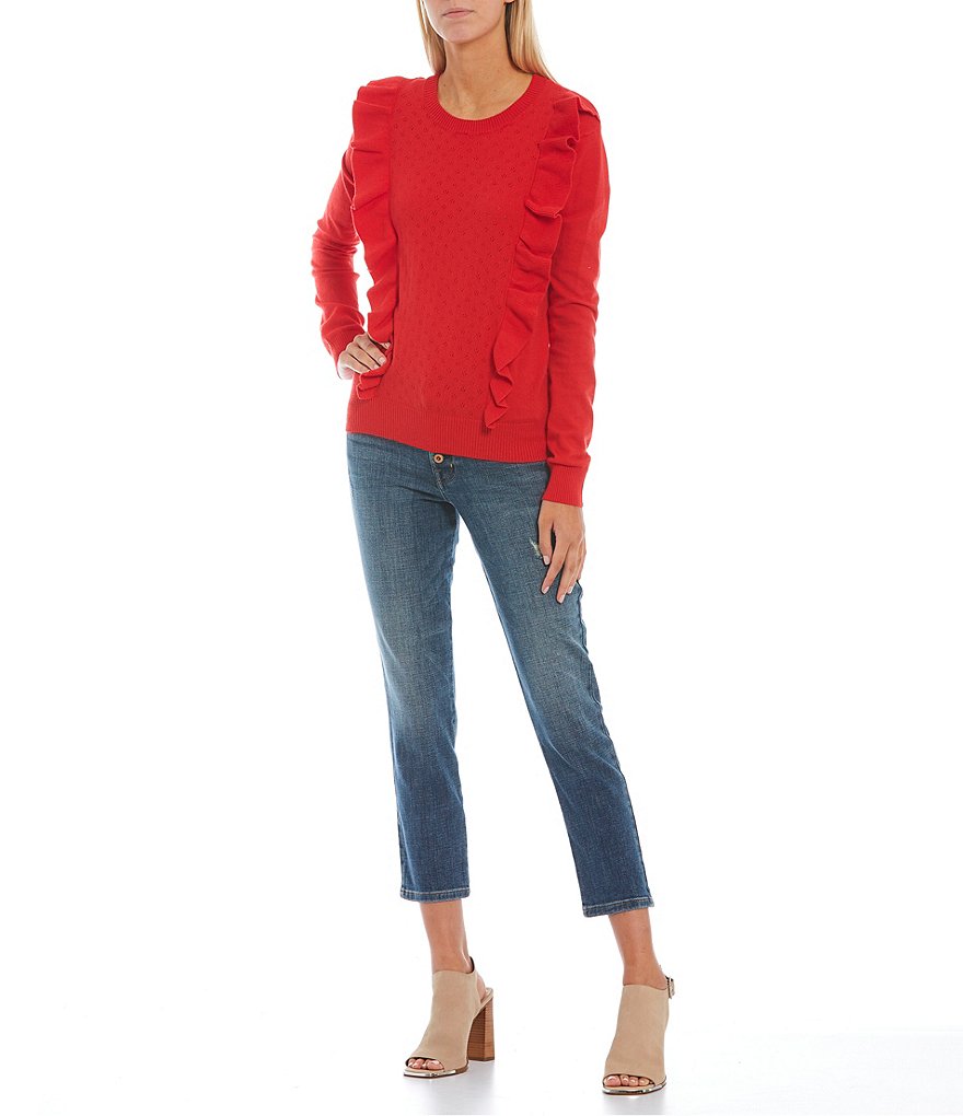 Sugarlips Pointelle Waterfall Ruffle Long Sleeve Crew Neck Sweater