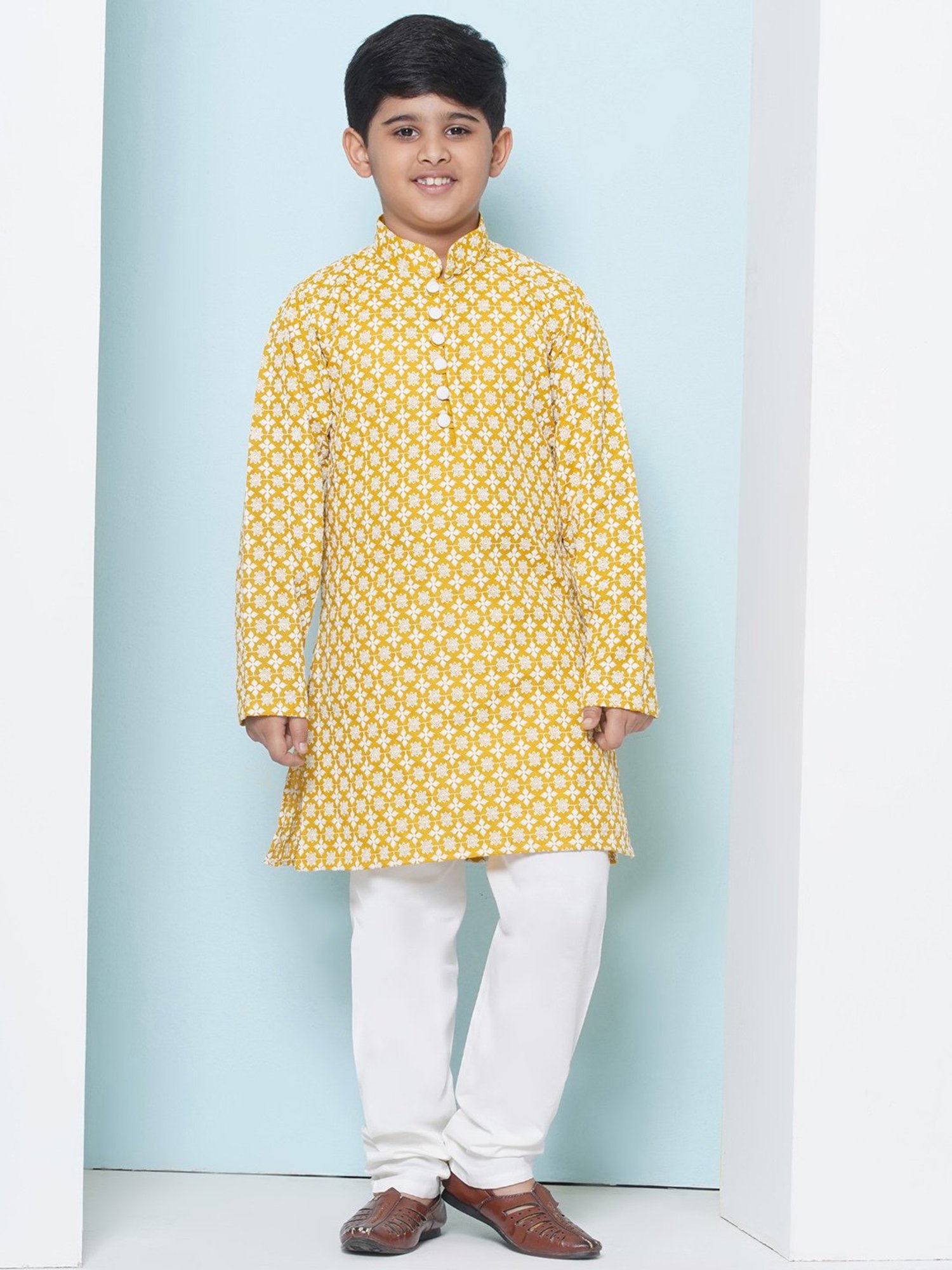 AJ Dezines Kids Mustard & White Embroidered Full Sleeves Kurta with Pyjamas