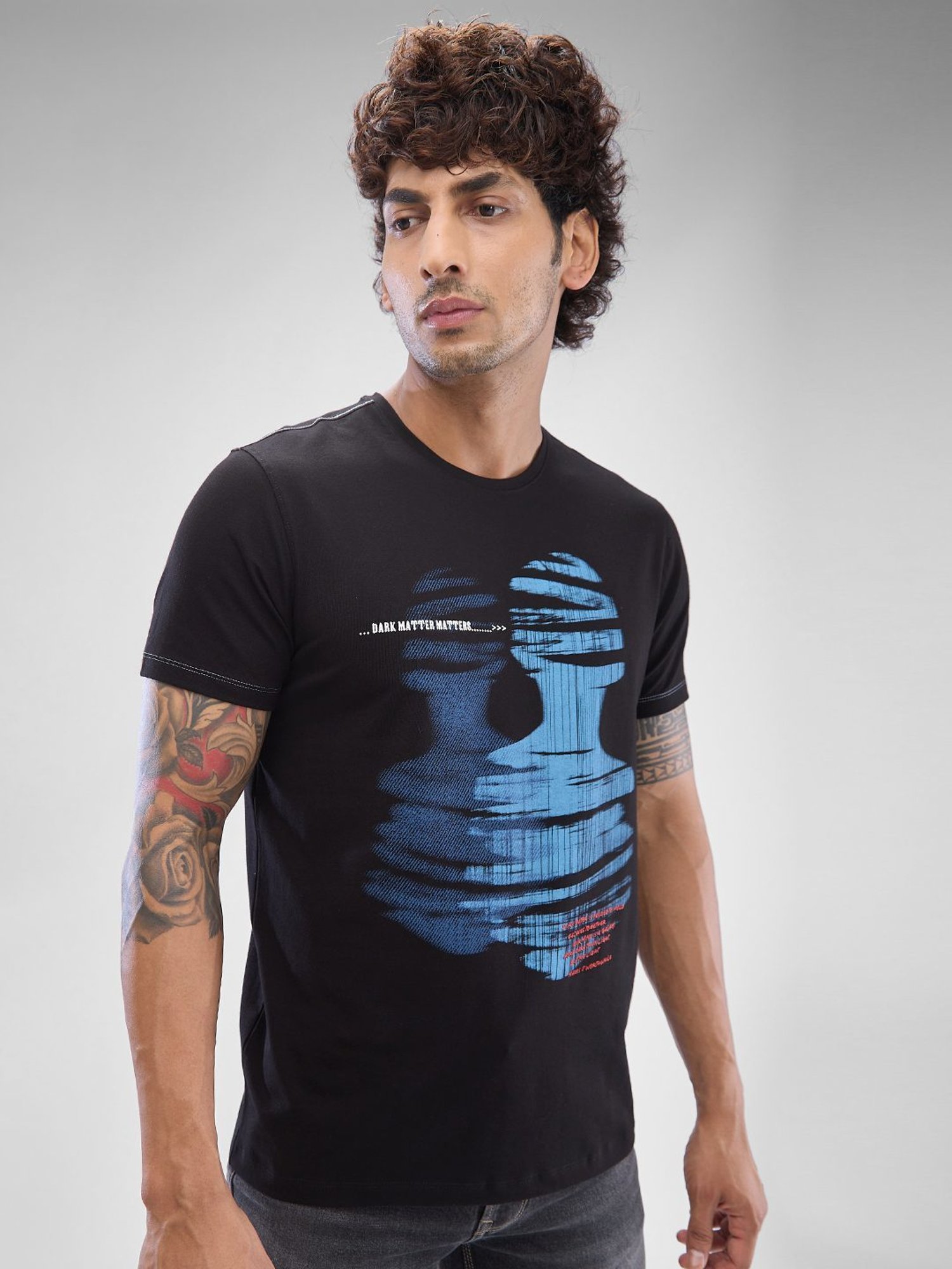 Spykar Black Slim Fit Printed T-Shirt