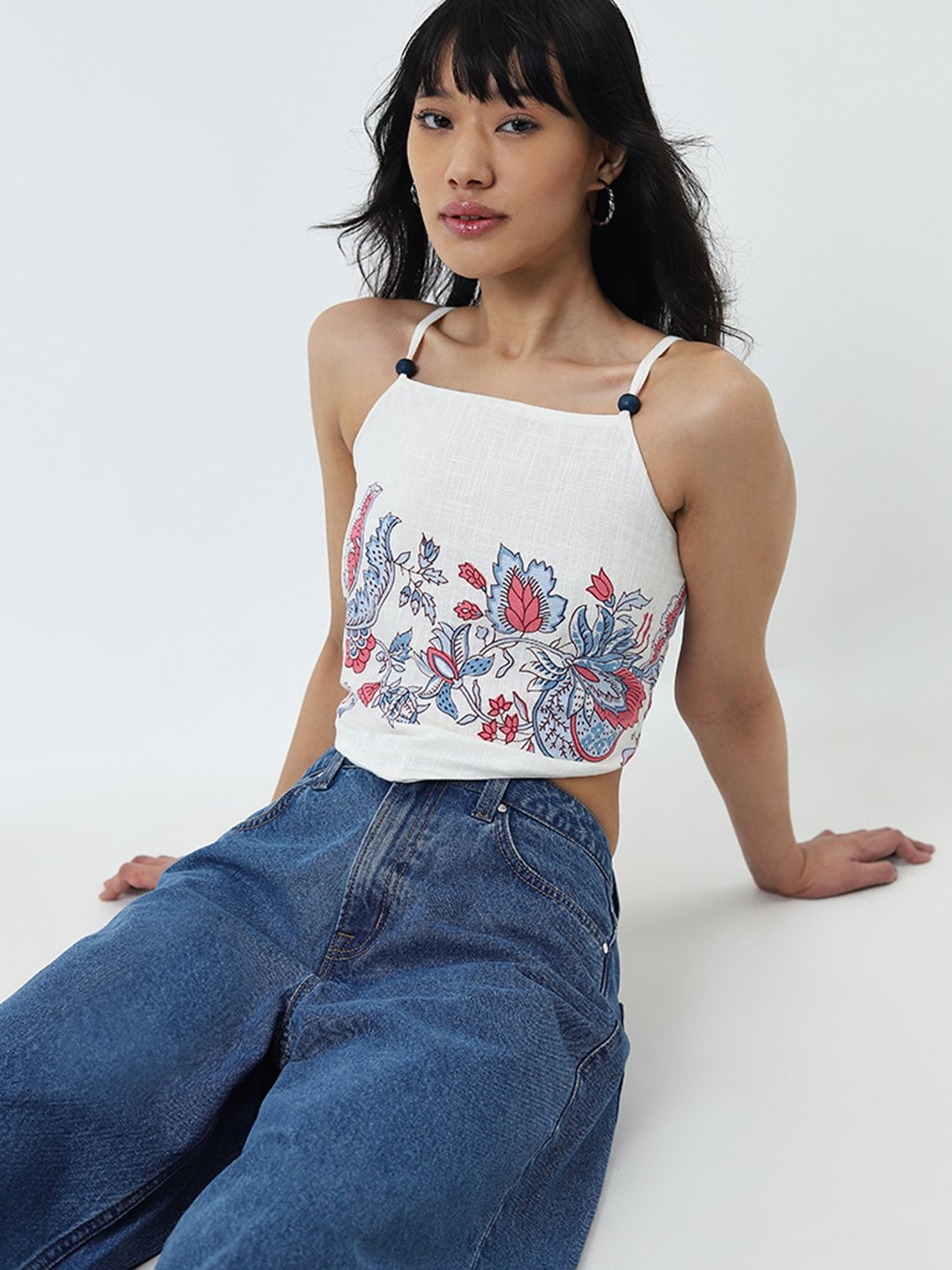 Bombay Paisley by Westside White Floral Printed Crop Cotton Top