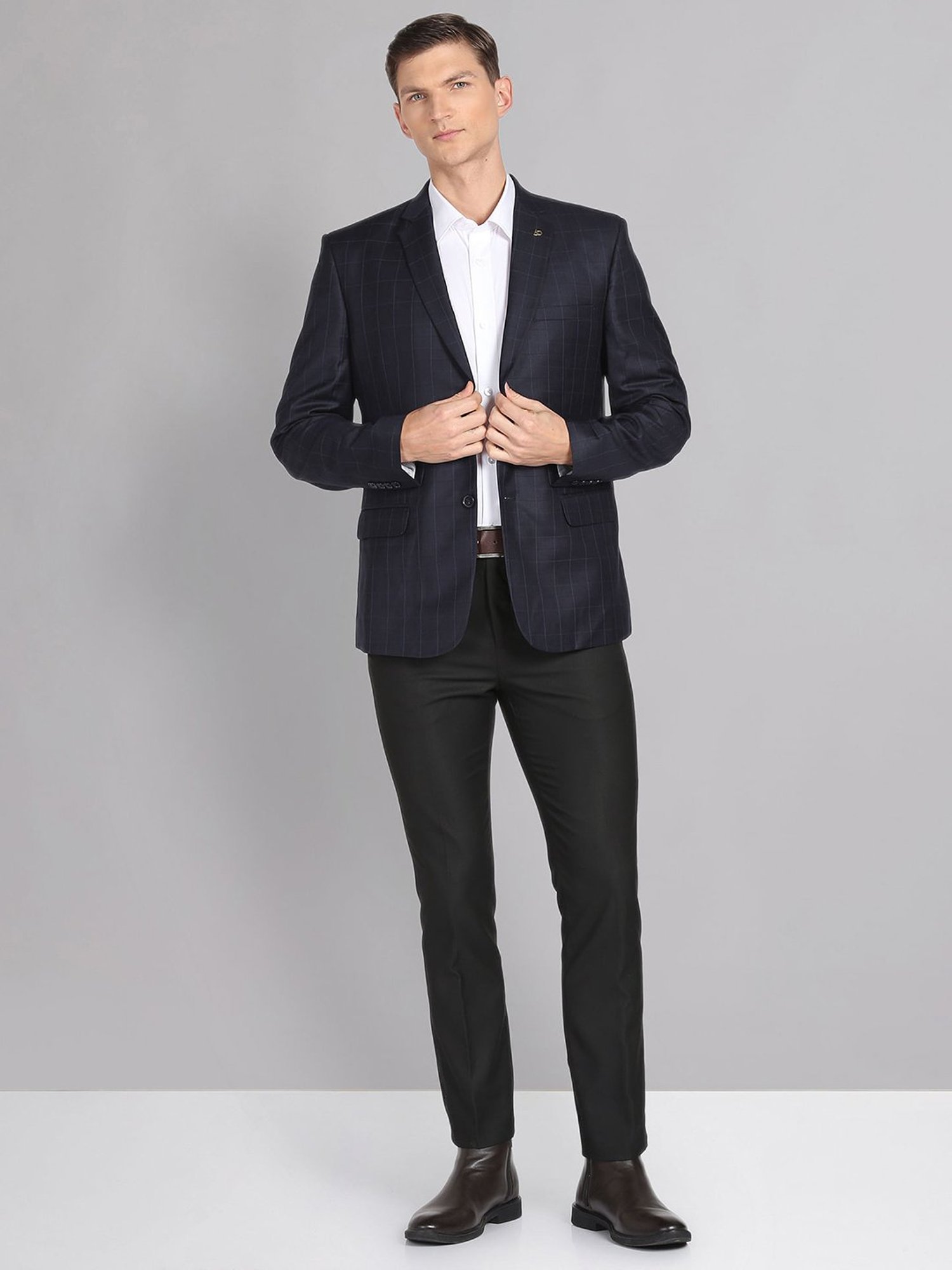 AD by Arvind Navy Regular Fit Check Notch Lapel Blazer