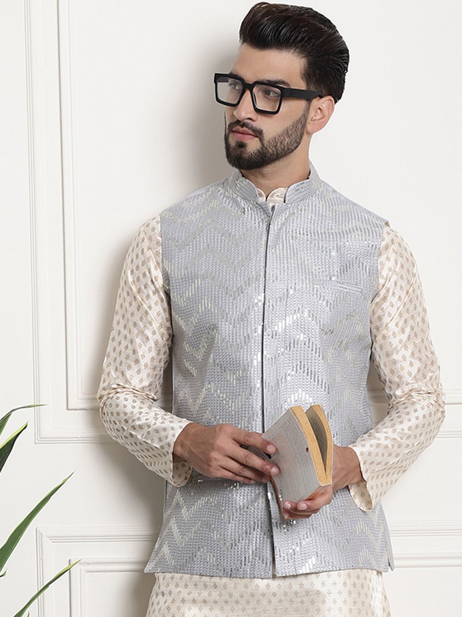 Sojanya Grey Regular Fit Embroidered Nehru Jacket