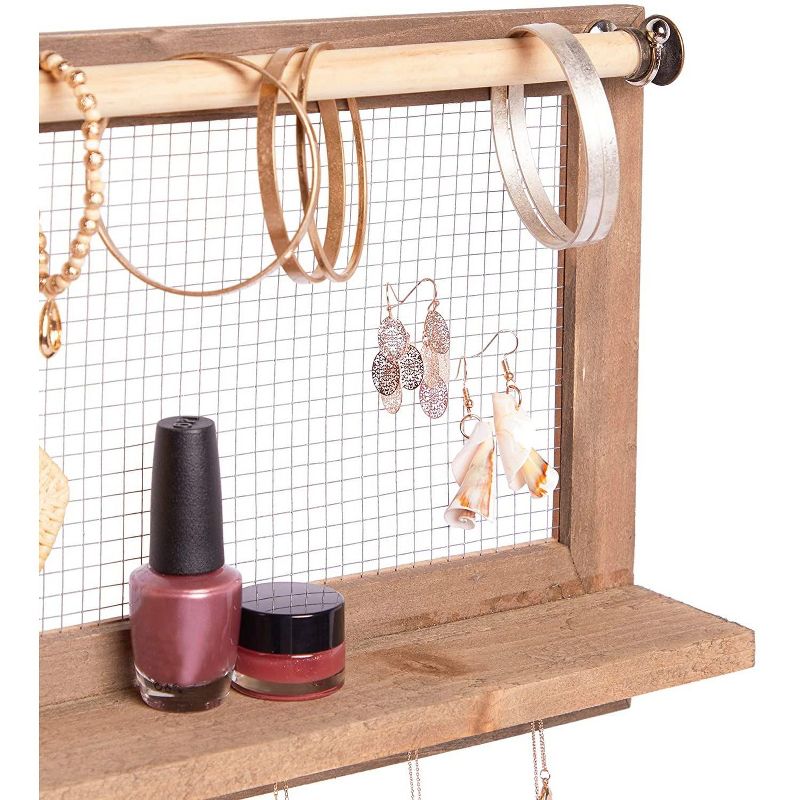 Farmlyn Creek Wooden Hanging Jewelry Organizer, Rustic Wall Display with Hooks (15.75 x 9.3 x 2.75 In)