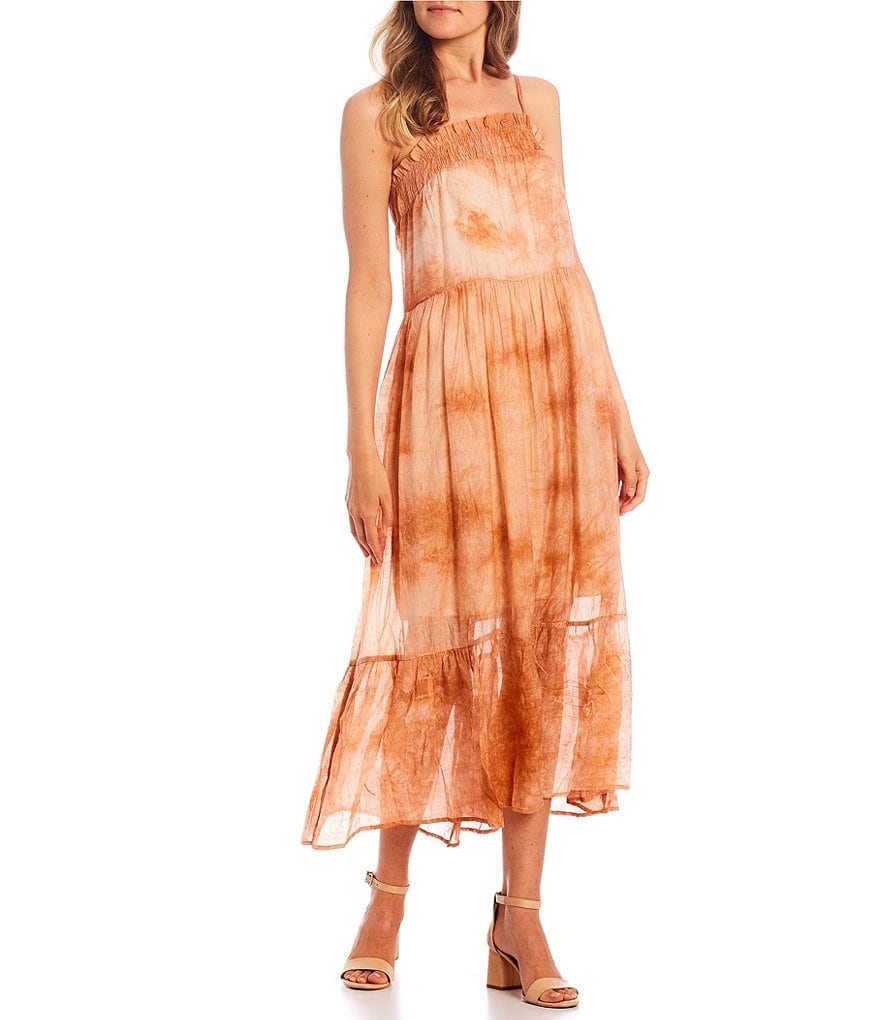 Blu Pepper Tie-Dye Smocked Neck Tiered Maxi Dress