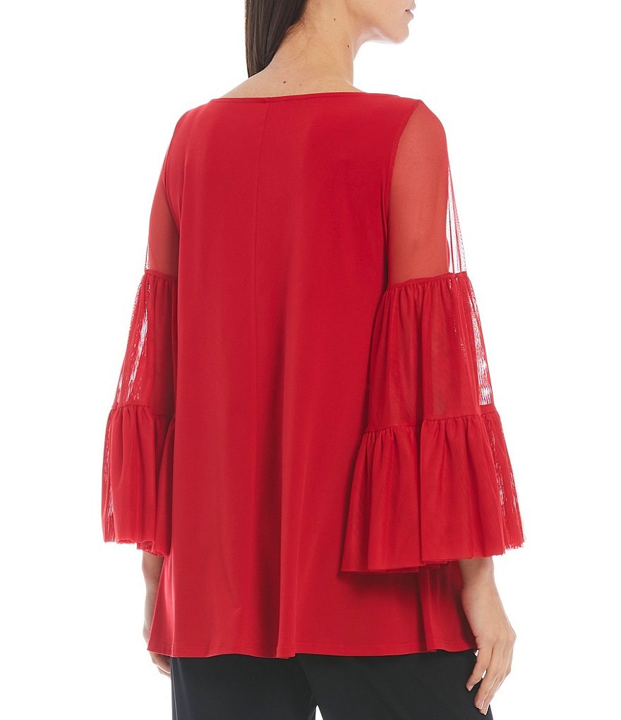 IC Collection Tiered Layer Mesh Bell Long Sleeve Boat Neck Knit Top