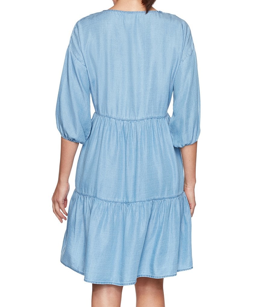 Ruby Rd. Tie Split Neck 3/4 Sleeve Drop-Shoulder Tiered Indigo Tencel Dress