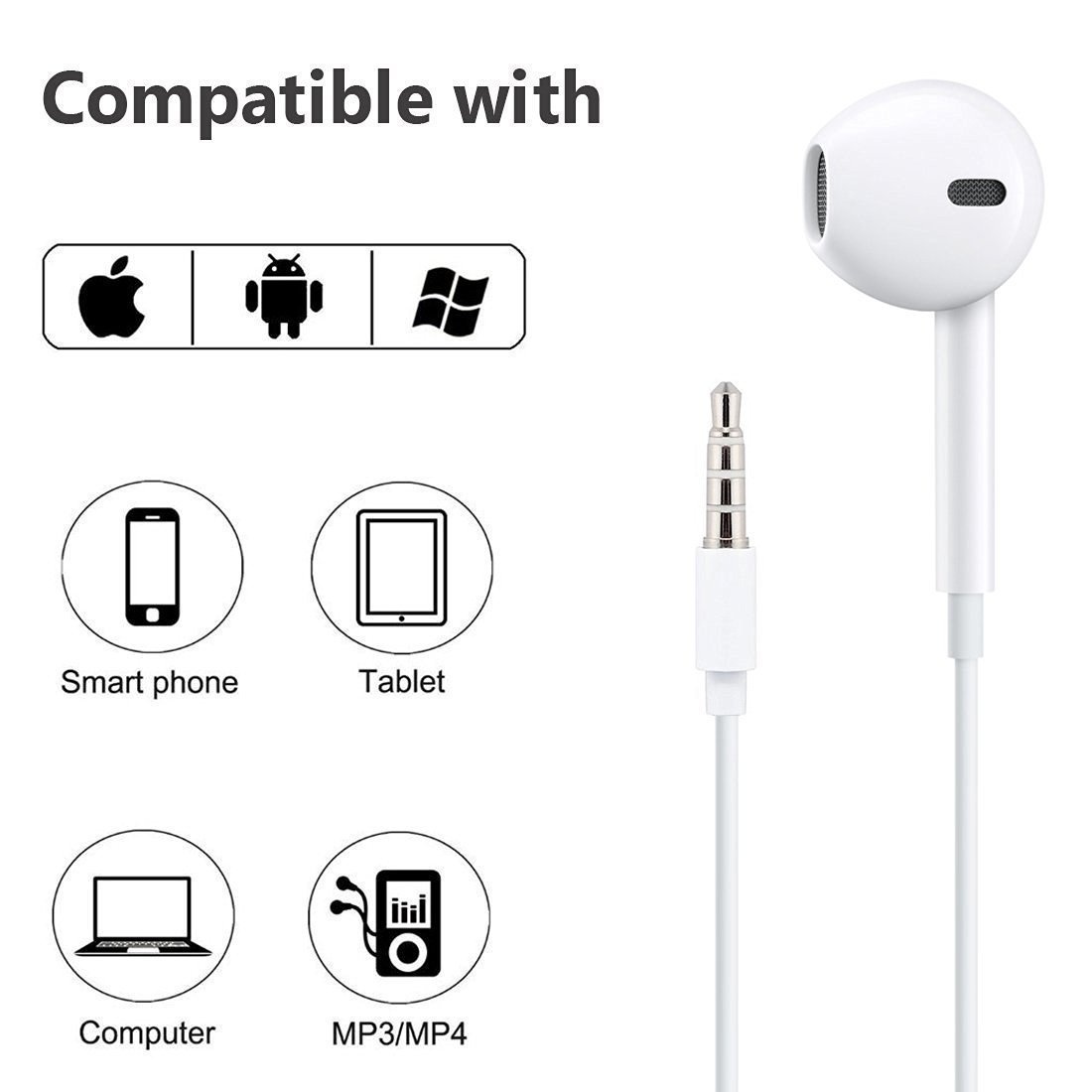(In-Ear) with Remote and Microphone compatible with iPhone, iPad, iPod-Stereo Sound - 2 Pack Value Bundle-White