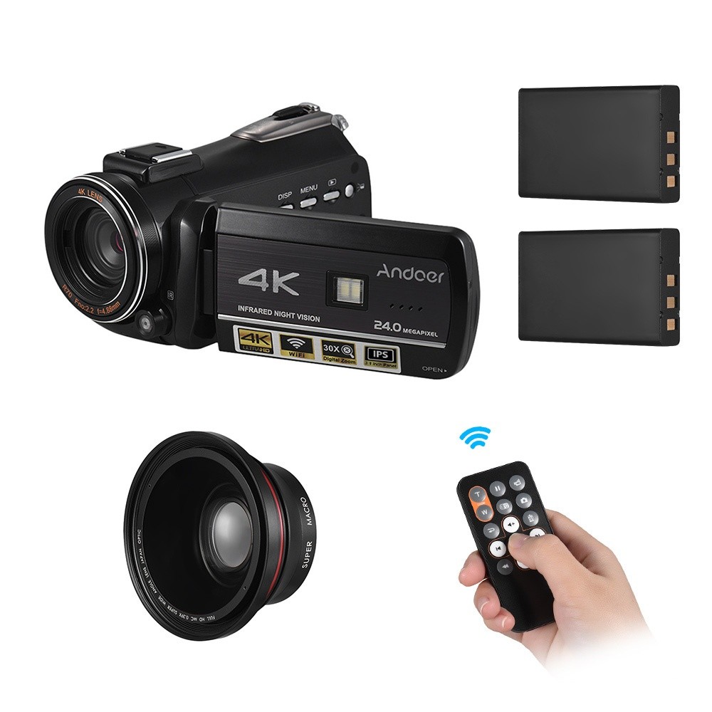 Andoer AC3 4K UHD 24MP Digital Video Camera Camcorder DV Recorder 30X Zoom WiFi Connection IR Night Vision 3.1 Inch IPS LCD Touchscreen Hot Shoe Mount with 2pcs Rechargeable Batteries + Extra 0.39X