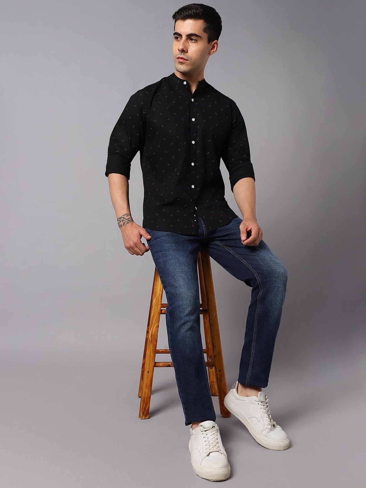 High Star Black Cotton Regular Fit Printed Shirt