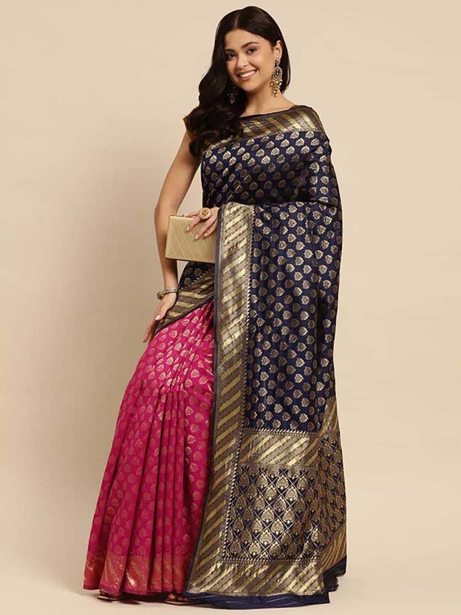Rangita Navy & Pink Woven Saree With Unstitched Blouse