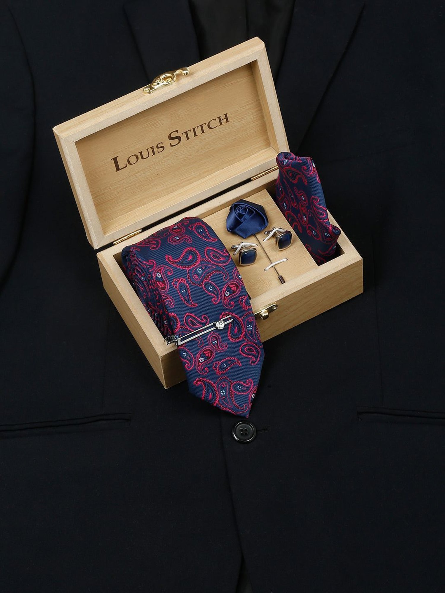 Louis Stitch Blue Printed Necktie Gift Set - Set of 3