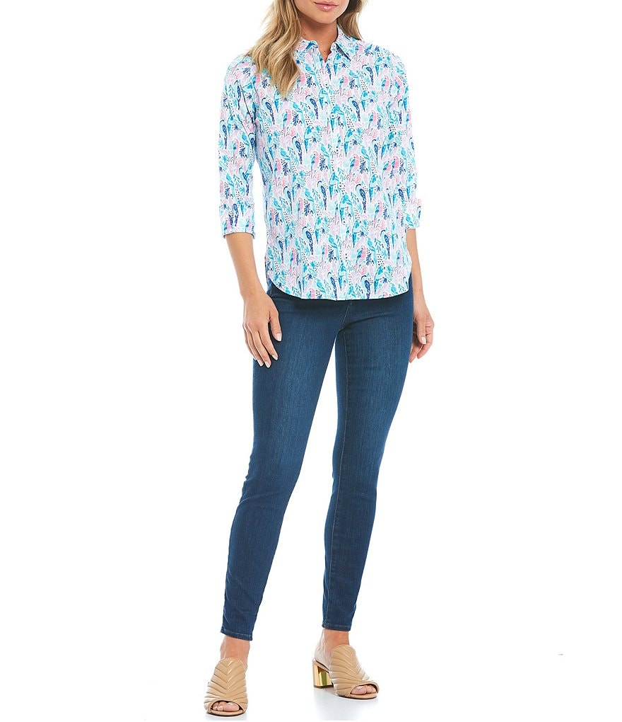 Foxcroft Parrot Paradise Point Collar Long Cuff Sleeve Button Front Shirt