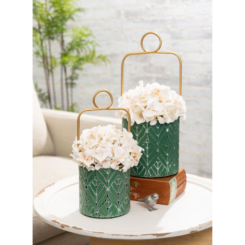 Sullivans Round Metal Container with Handle Set of 2, 15.25"H & 12.25"H Green