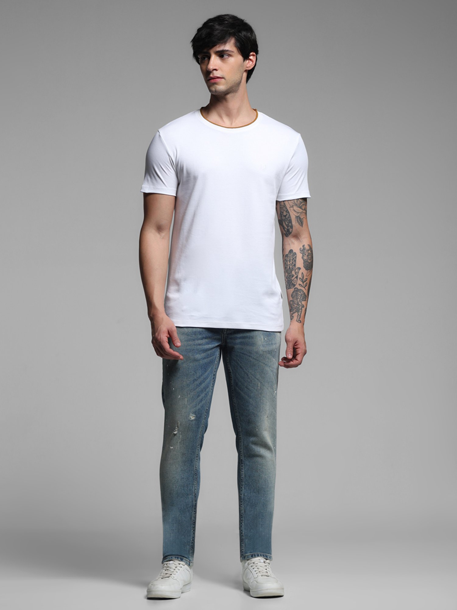 Jack & Jones White Cotton Slim fit Solid T-Shirts