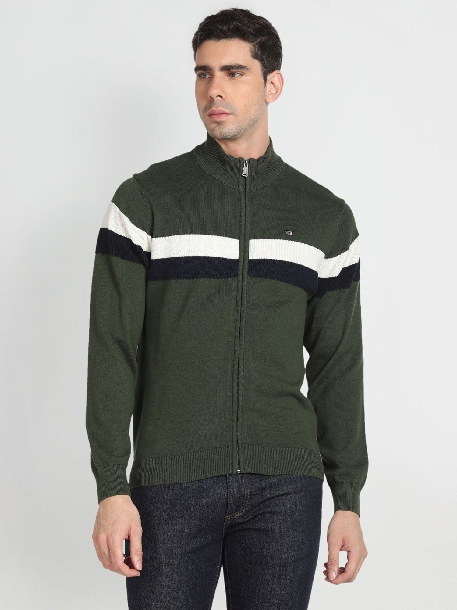 Arrow Sport Olive Cotton Regular Fit Striped Sweater