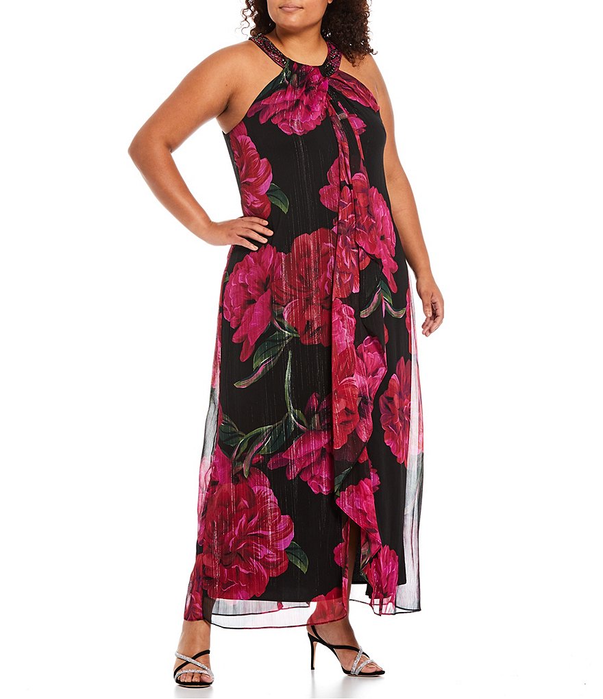 Ignite Evenings Plus Size Printed Sleeveless Cascading Front Beaded Halter Neck Gown