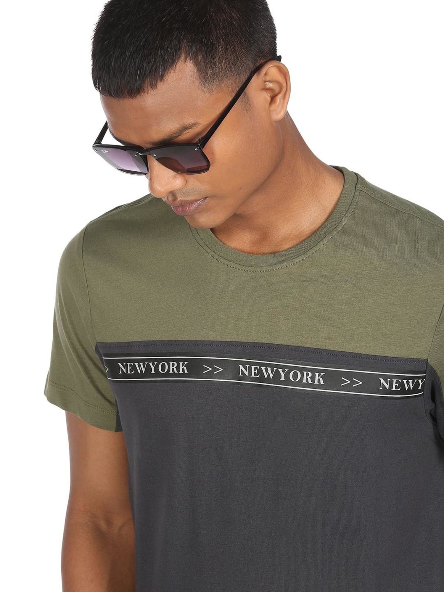 Arrow New York Olive & Grey Cotton Regular Fit Colour Block T-Shirt