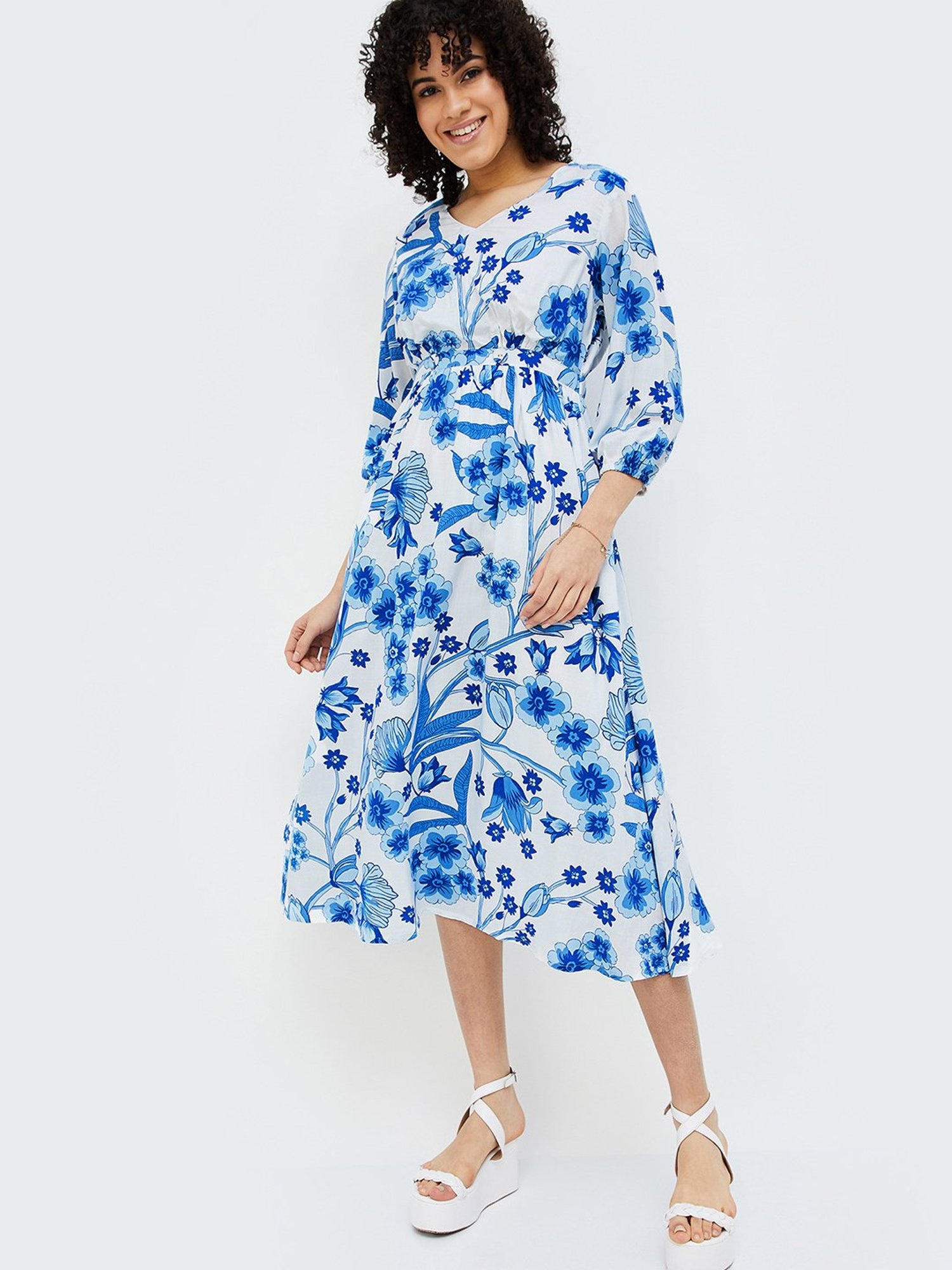 Colour Me by Melange White & Blue Floral Print Midi Dress