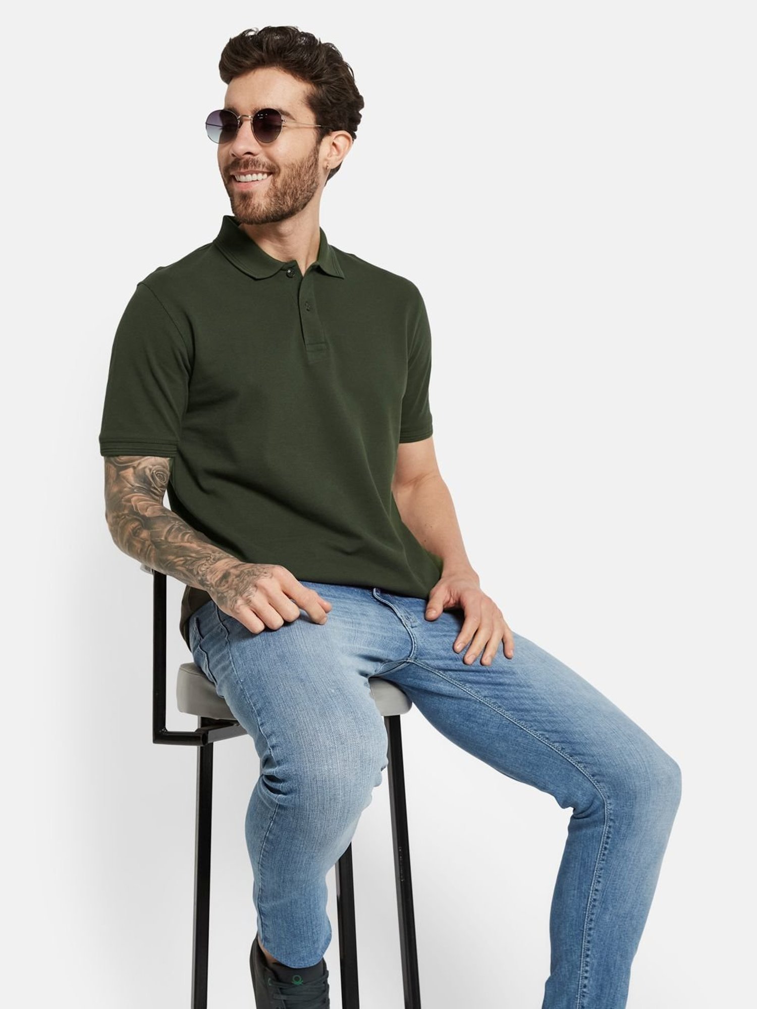 Octave Olive Cotton Regular Fit Polo T-Shirt
