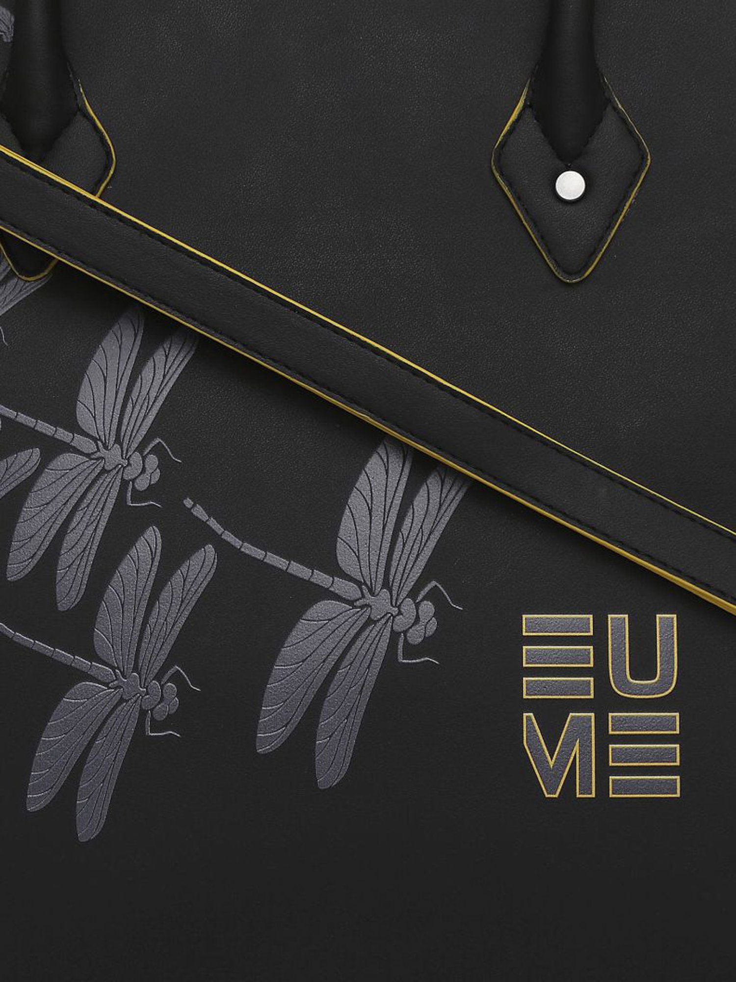 Eume Dragonfly Black Leather Printed Handbag