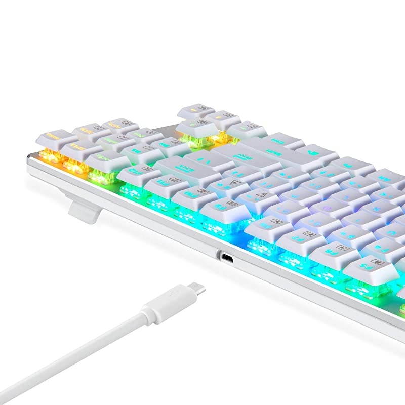 KG061-BR RGB Backlit Mechanical Gaming Keyboard Low Profile Mechanical Gamers Keyboard 87 Key Metal Mechanical Computer USB Gaming Keyboard for PC Quiet Cherry Brown Switches (White Version)