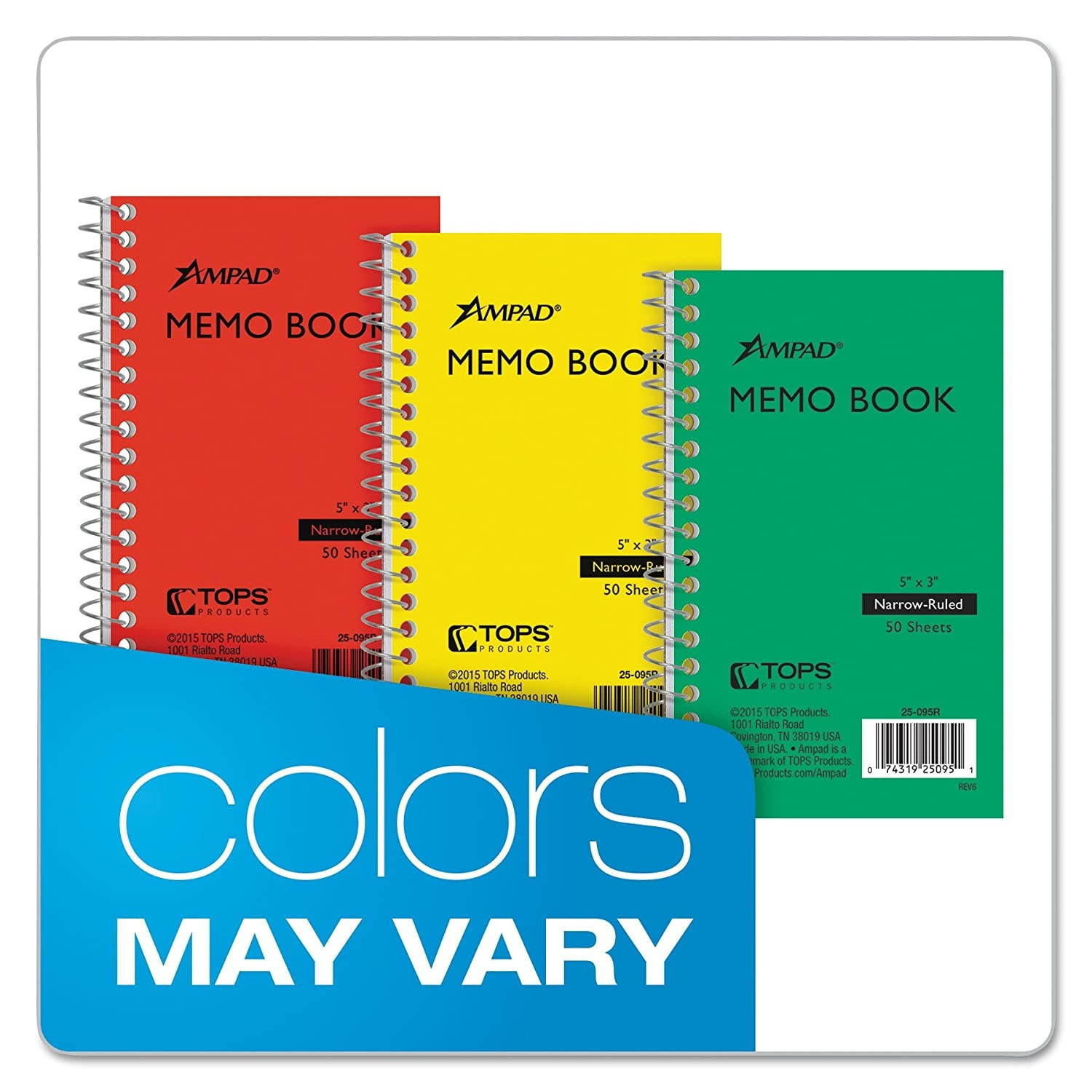 Ampad Wirebound Pocket Memo Book, College Rule, 5 x 3, White, 50 Sheets Per Pad, Assorted Colors (25-095)