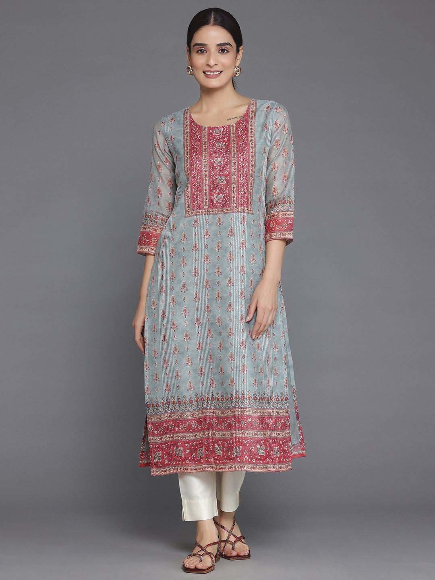 Libas Grey Printed Straight Kurta