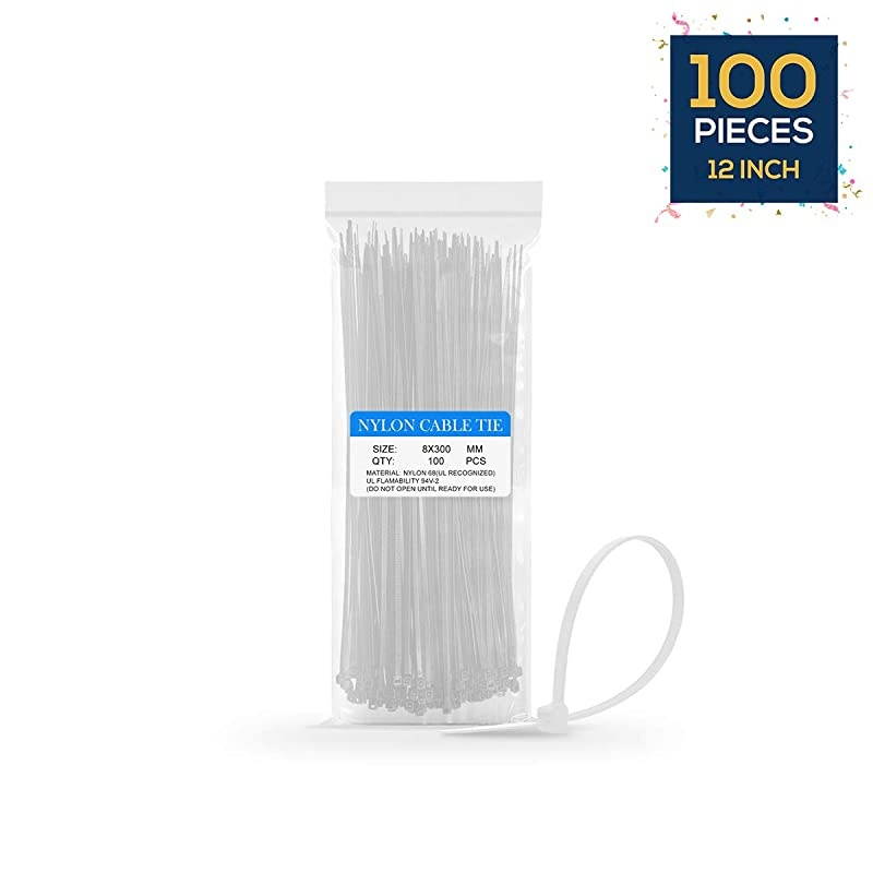 Zip Ties  12 Inches Nylon 66 Heavy Duty 120LB Tensile Industrial Strength UV Resistant Adjustable Durable Self Locking Cable Tie for Home Office Garden Garage Workshop White 100 Packs