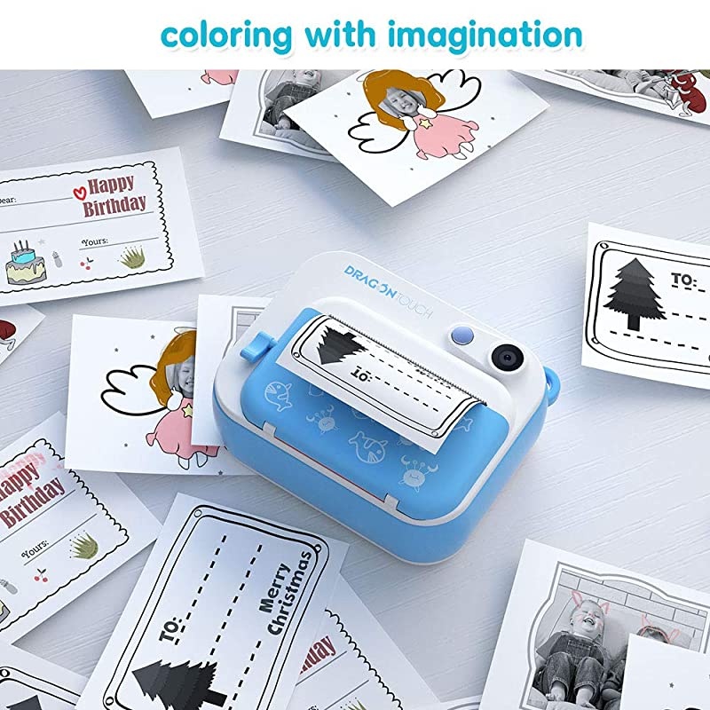 InstantFun Instant Print Camera for Kids Zero Ink Toy Camera with Print Paper Cartoon Sticker Color Pencils Portable Digital Creative Print Camera for Boys and Girls Blue