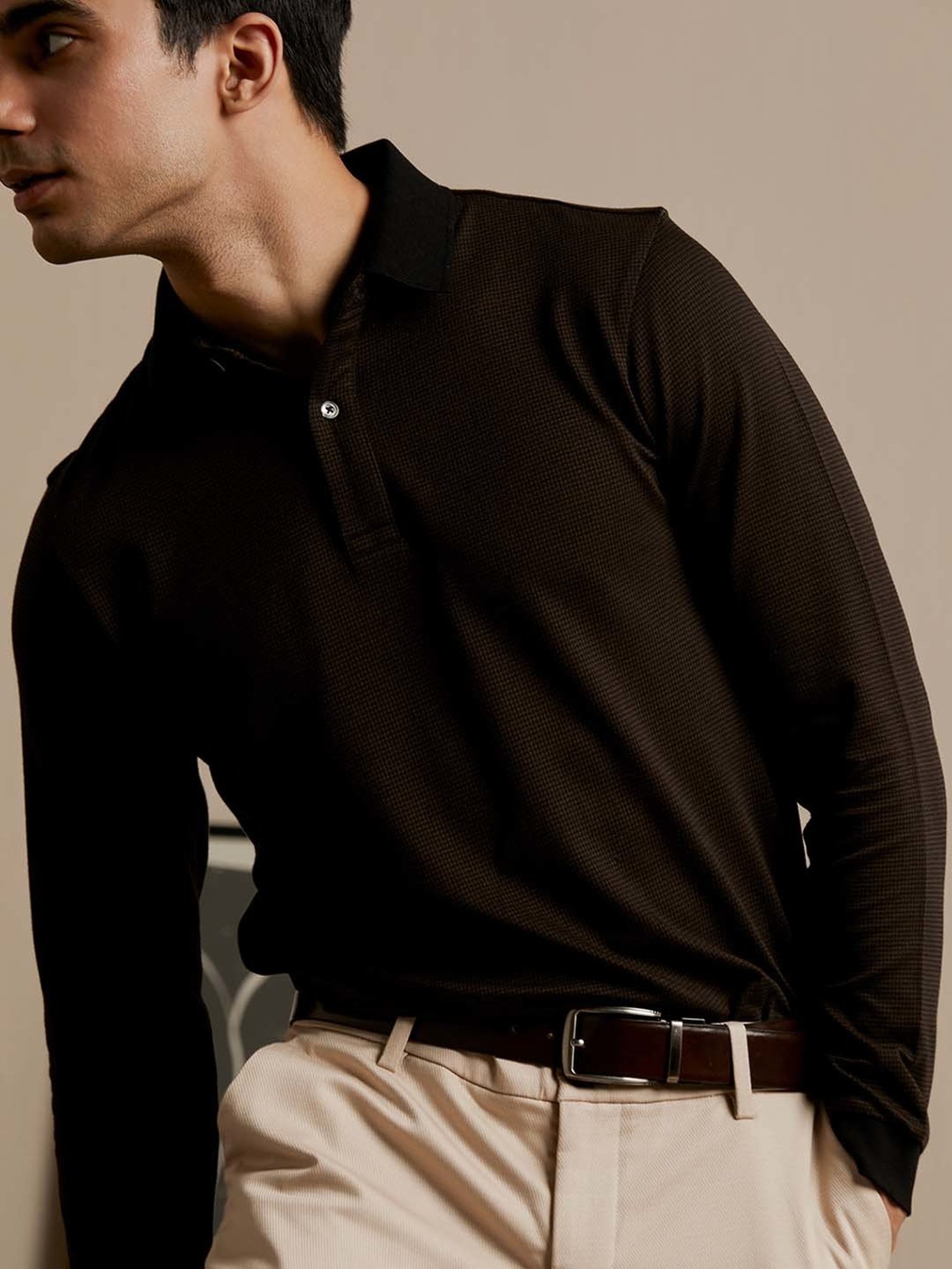 ANDAMEN Brown Regular Fit Self Design Polo T-Shirt