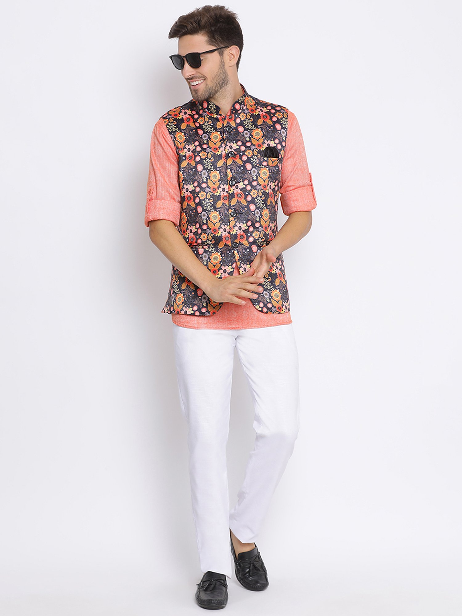 Hangup Plus Orange & White Regular Fit Short Kurta & Trousers Set With Nehru Jacket