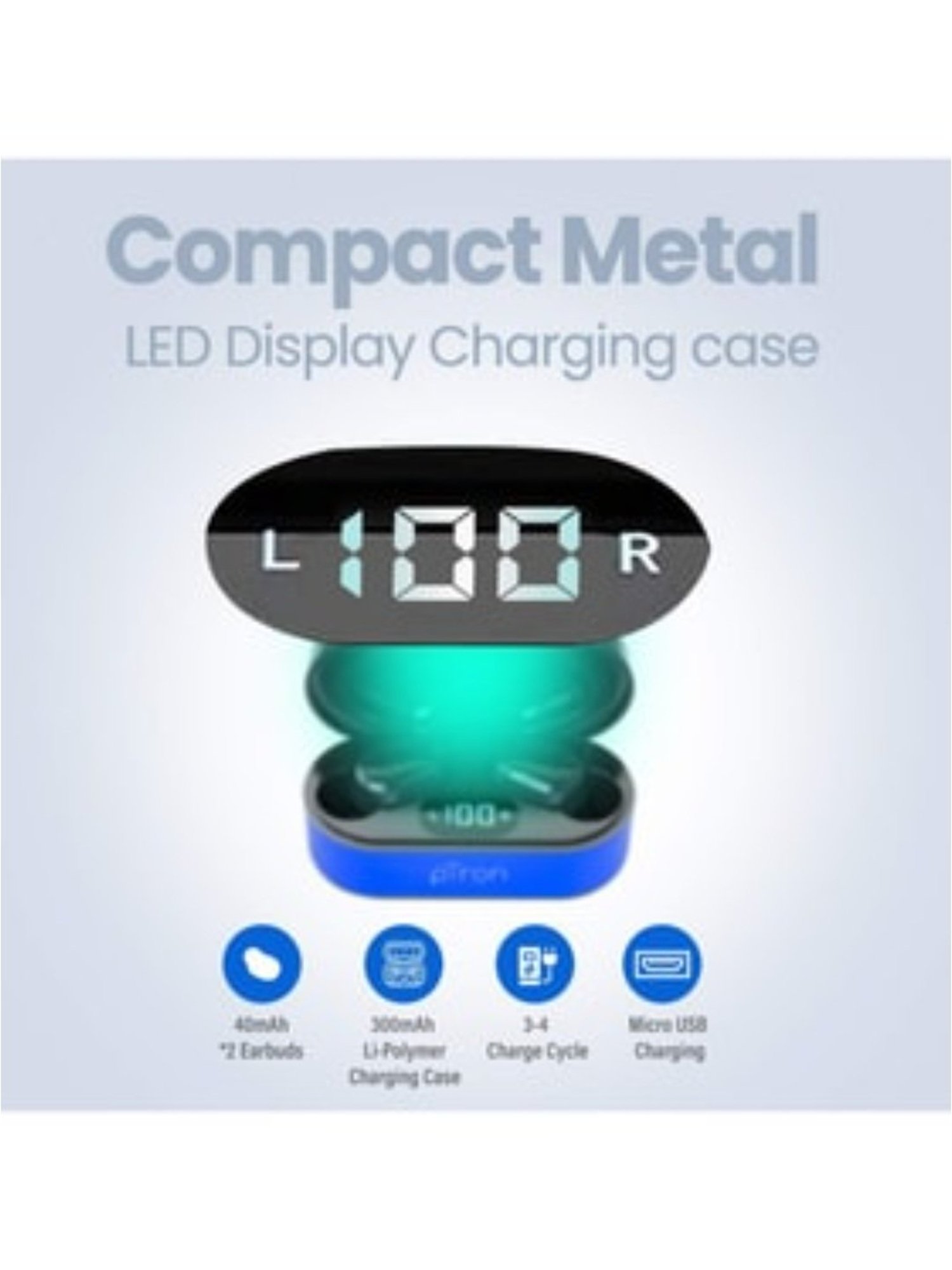 PTron Bassbuds Plus True Wireless Bluetooth 5.0 Earbuds, Digital Display & with Mic (Blue & Black)