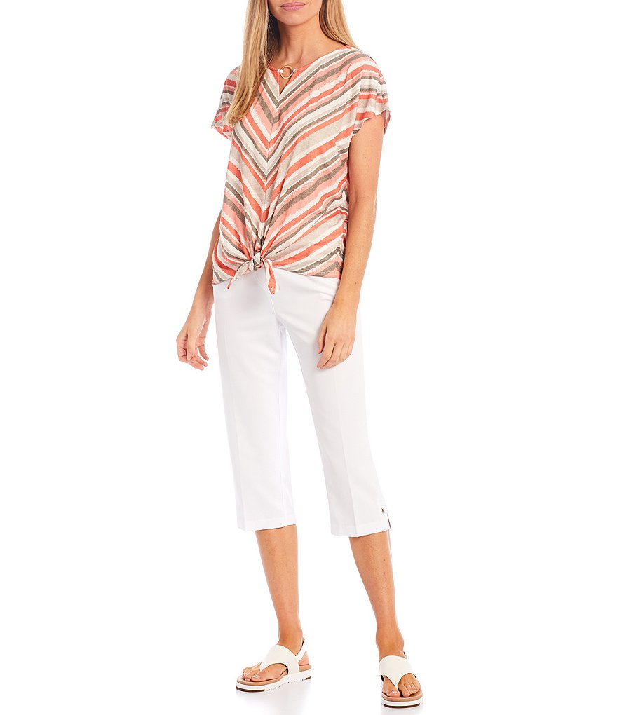 Allison Daley Petite Size Miter Stripe Crinkle Knit Ring Keyhole Neck Detail Cap Sleeve Tie-Front Top