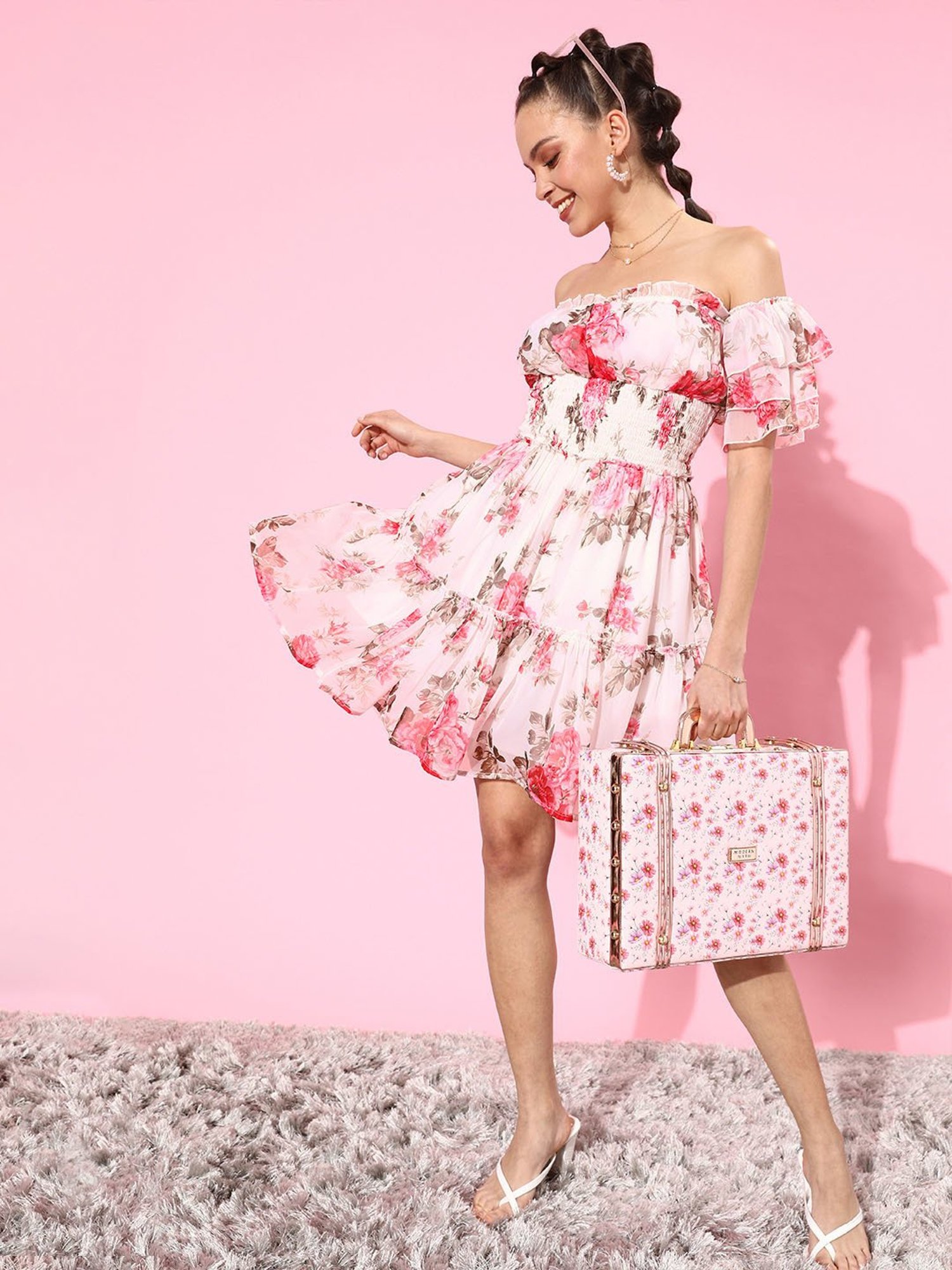 QUIERO White & Pink Floral Print Fit & Flare Dress