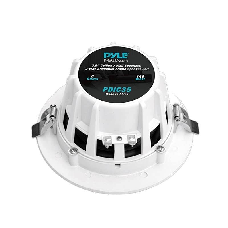 Pair 35 Flush Mount Inwall Inceiling 2Way Home Speaker System Aluminum Housing Spring Loaded Clips Dual Polyprone Cone Polymer Tweeter Stereo Sound 140 Watts PDIC35