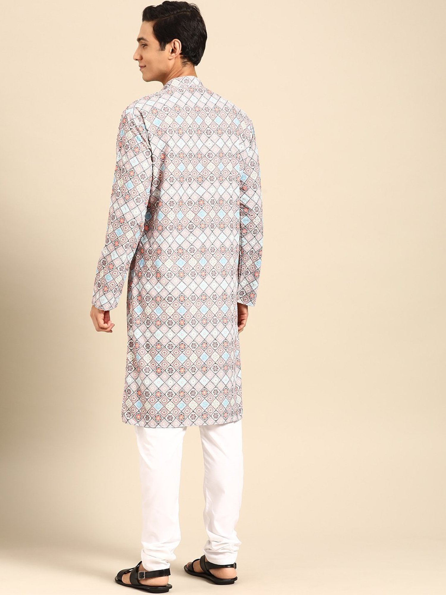 ManQ Multicolored Pure Cotton Regular Fit Embroidered Kurta Bottom Set