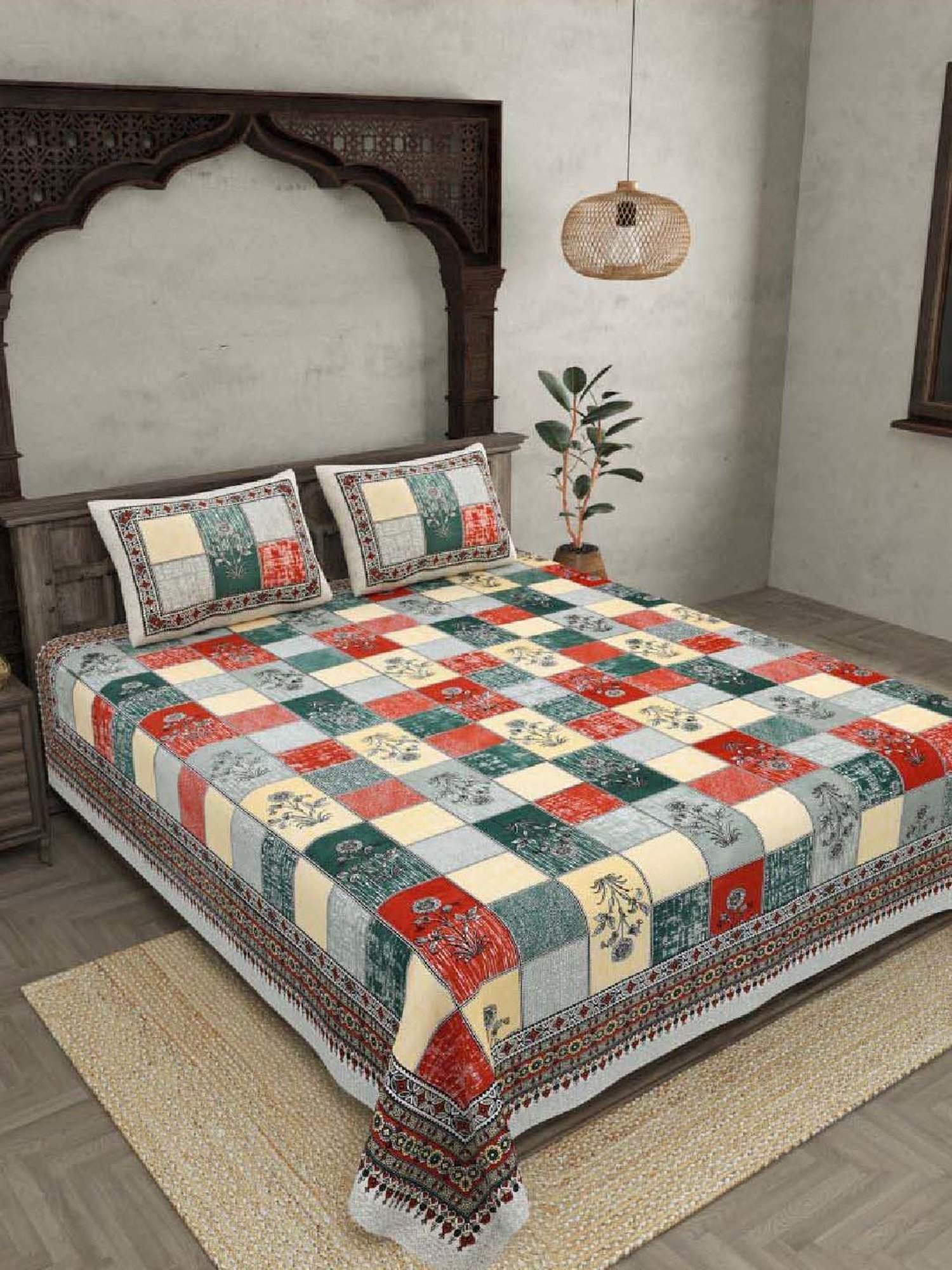 JaipurFabric Red 240 TC 100% Cotton Double Bedsheet with 2 Pillow Covers