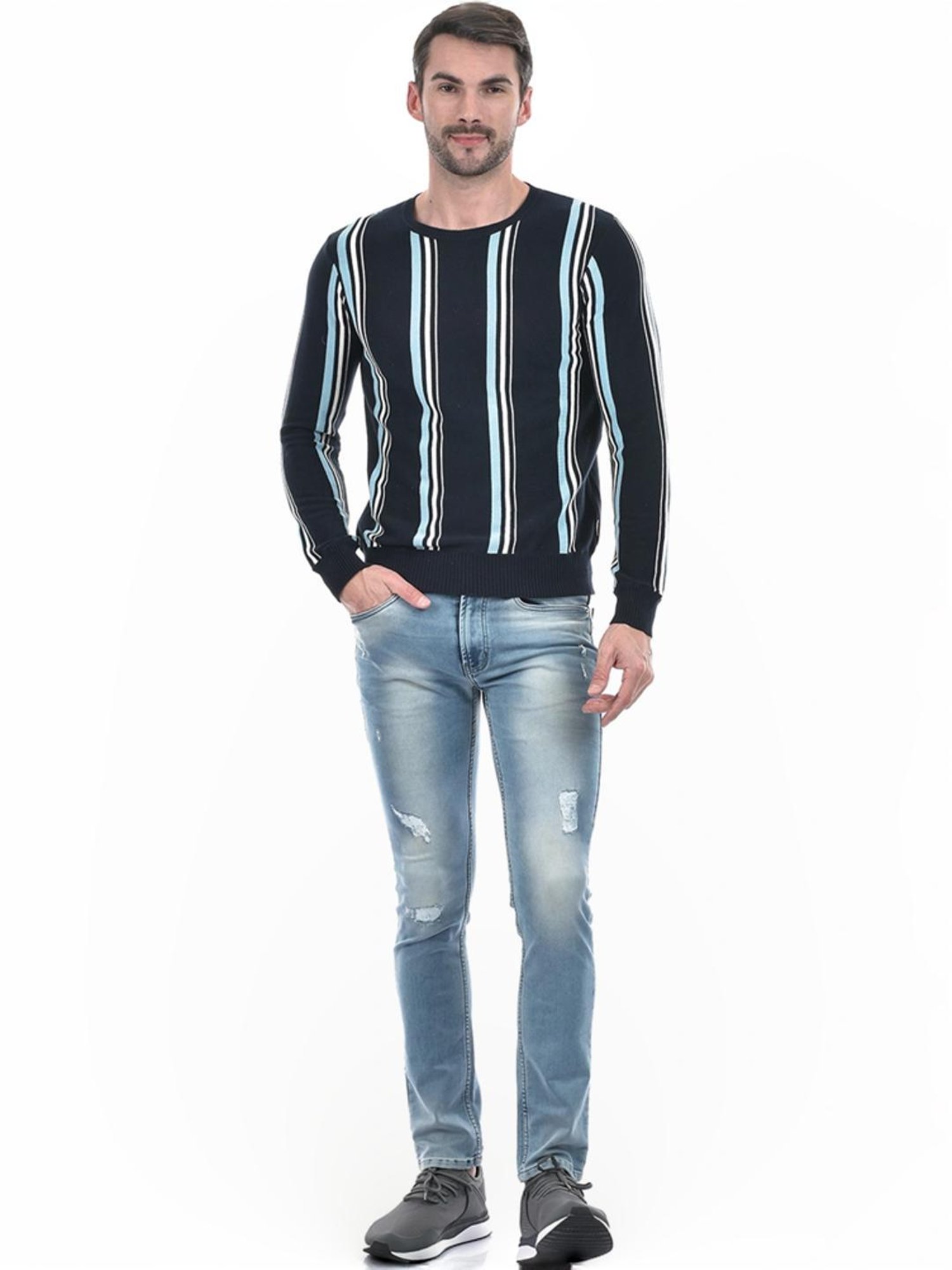Numero Uno Navy Cotton Regular Fit Striped Sweater