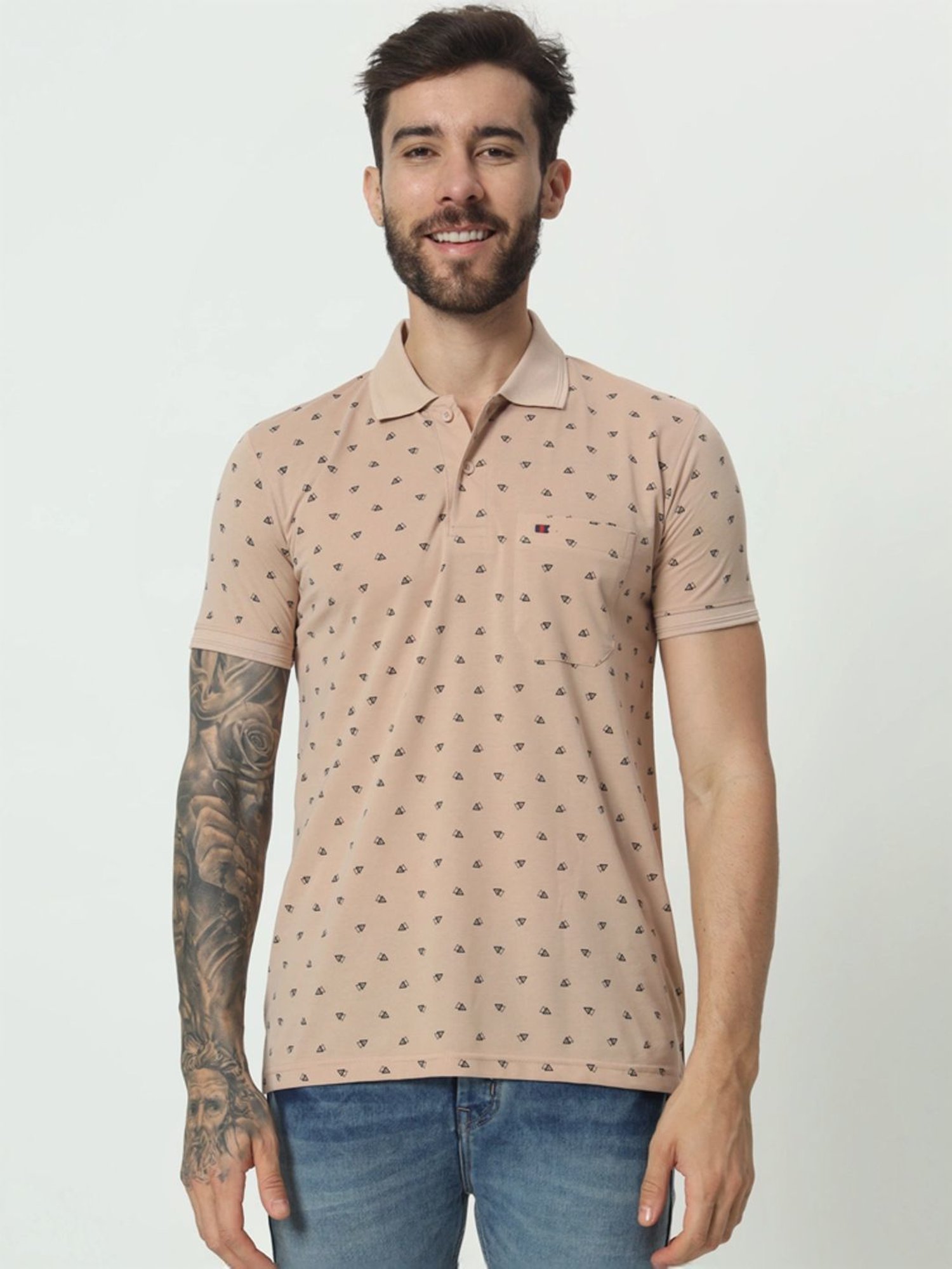 Tab91 Beige Regular Fit Printed Polo T-Shirts