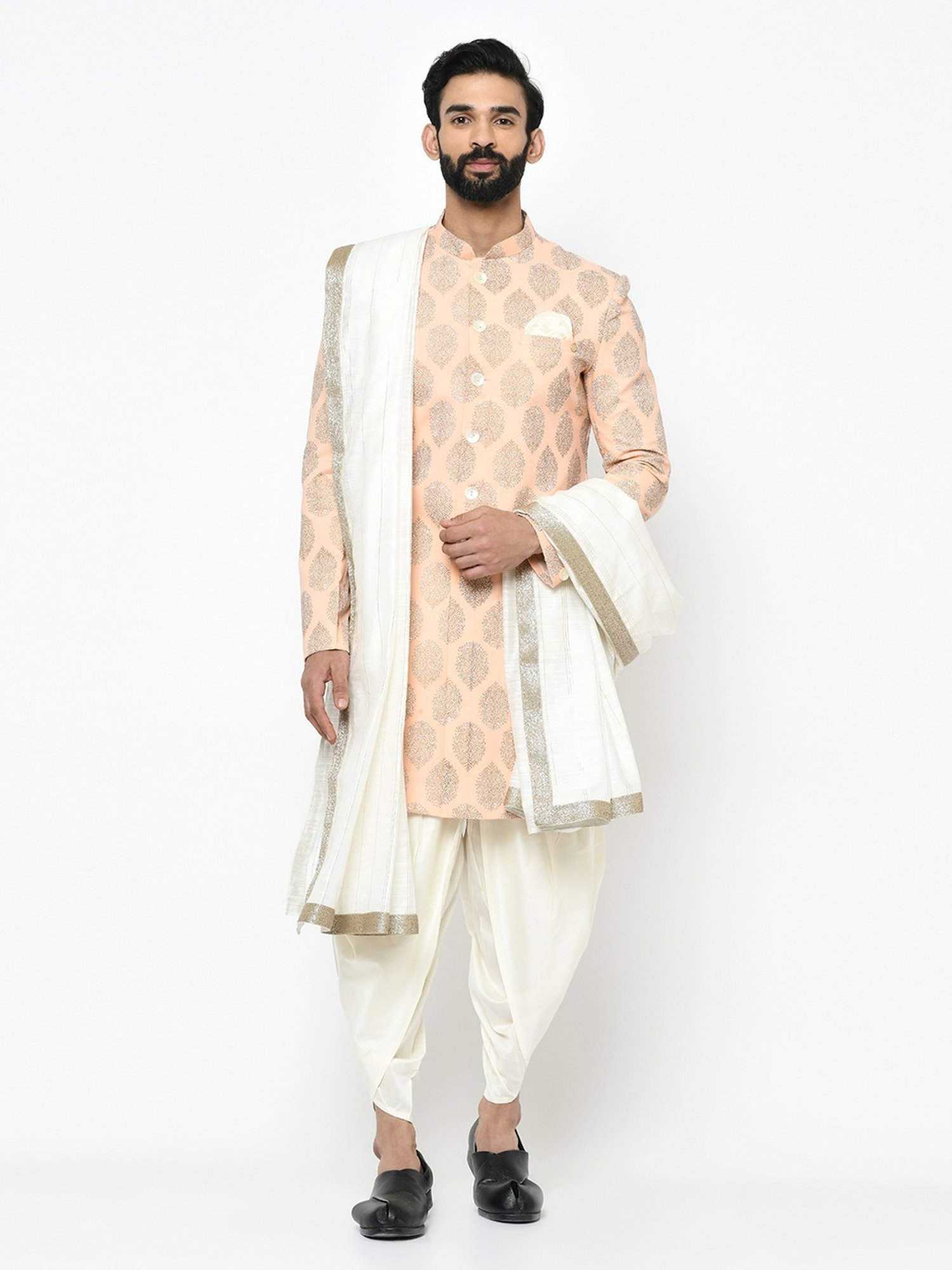 KISAH Peach & White Cotton Regular Fit Printed Sherwani Set