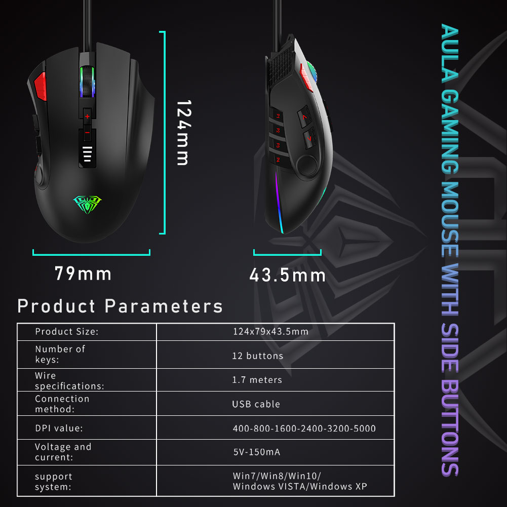 AULA RGB Gaming Mouse with Side Buttons Macro Programming 10000 DPI Adjustable 14 Key Wired USB Backlit Mouse for Desktop Laptop - H510 White