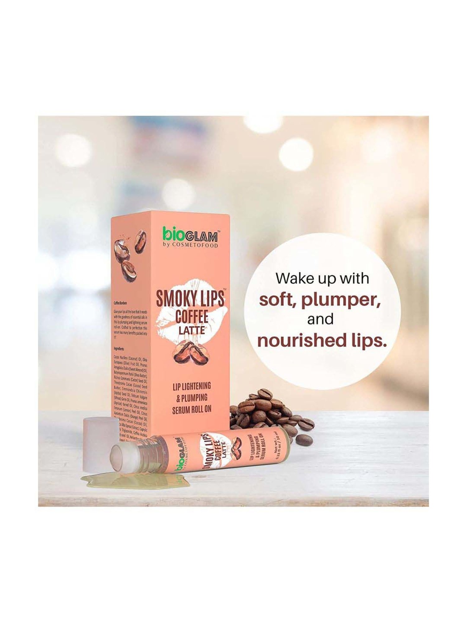 Cosmetofood Bioglam Smoky Lips Coffee latte Lighten and Plump Serum Roll-On For Plump Lips - 10 ml