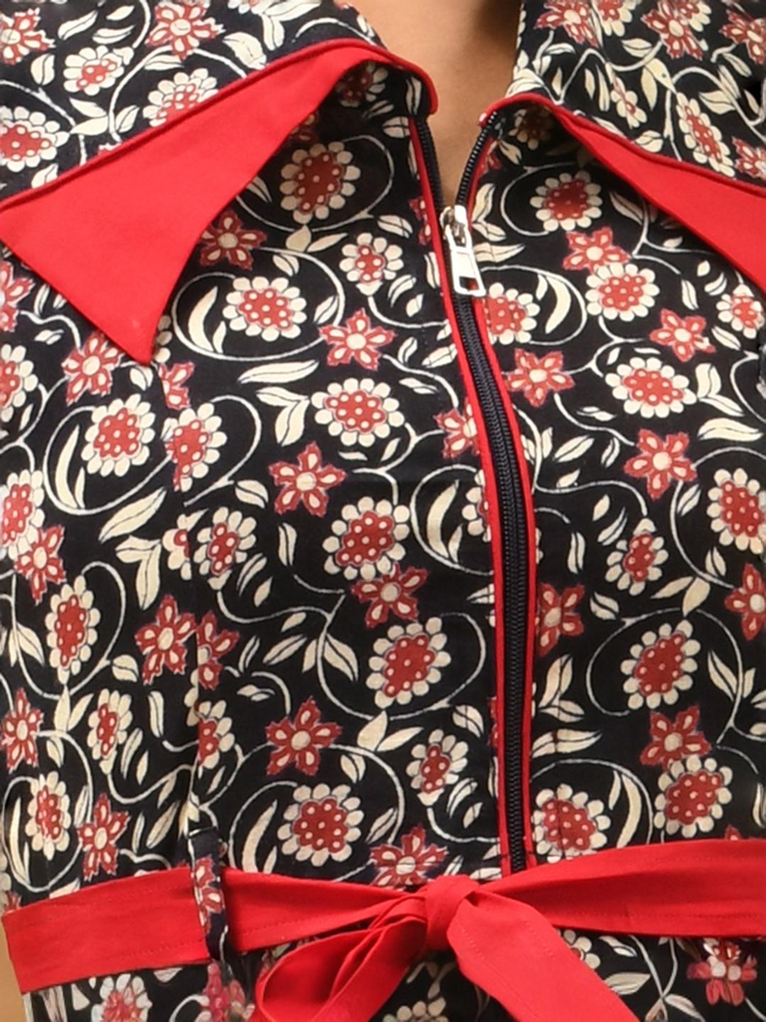 Charukriti Black Cotton Floral Print A-Line Dress