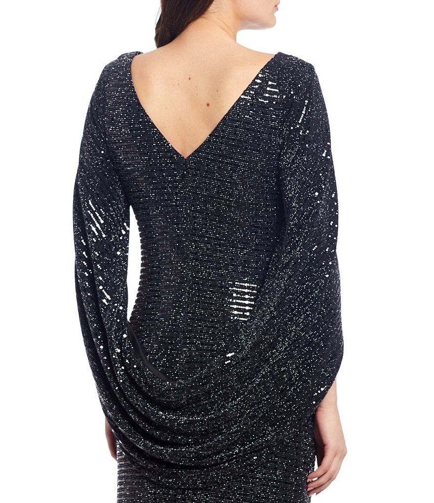 R & M Richards Drape Back Metallic Allover Sequin Gown