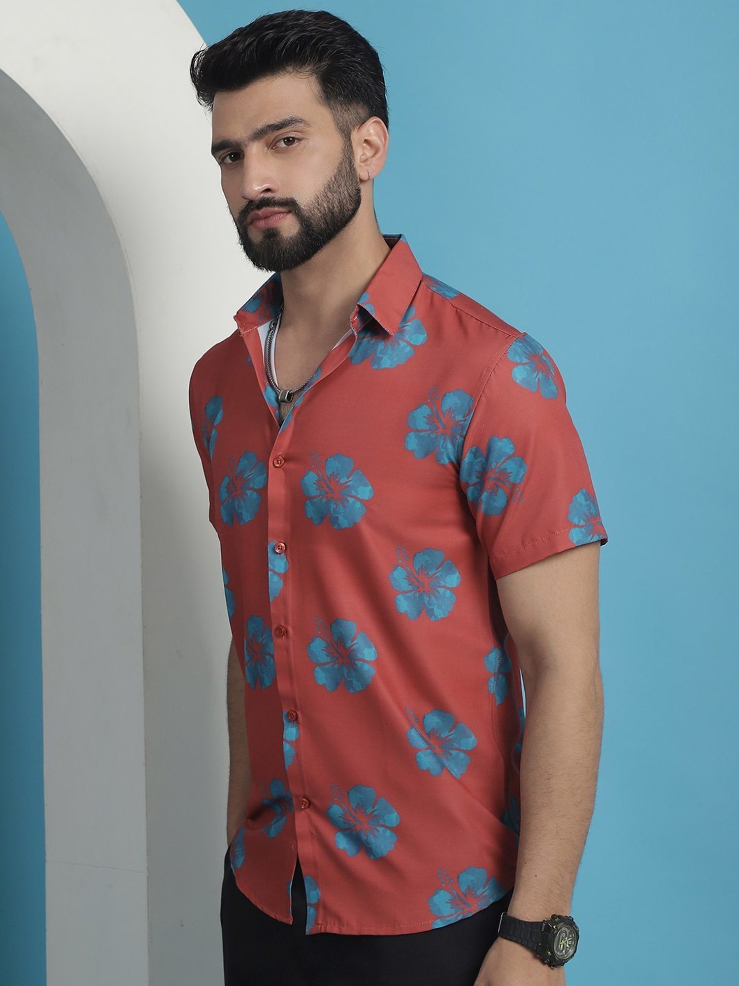 Indian Needle Coral Cotton Regular Fit Floral Print Shirt