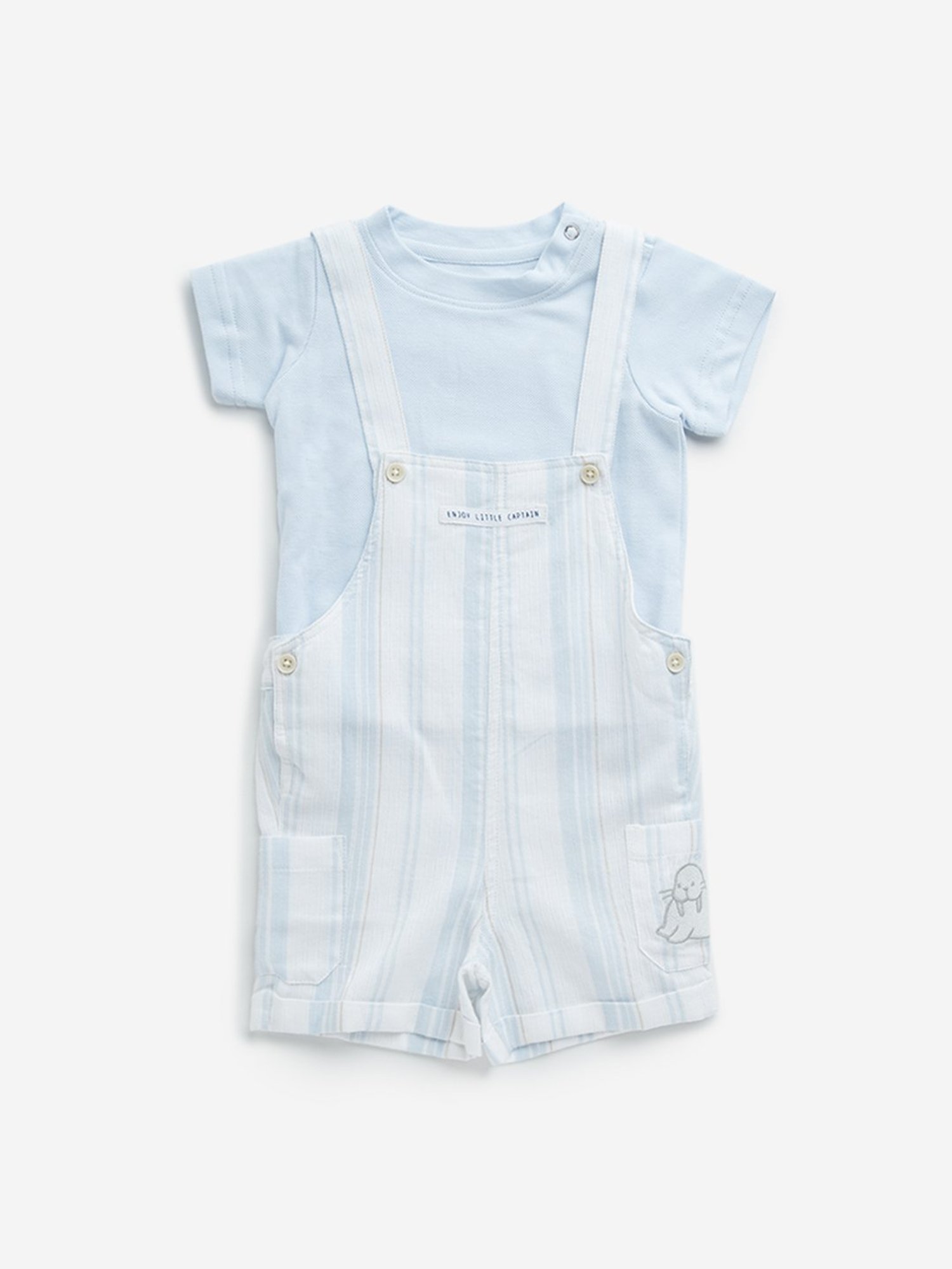 HOP Baby by Westside Light Blue Striped Cotton Dungaree & T-Shirt Set