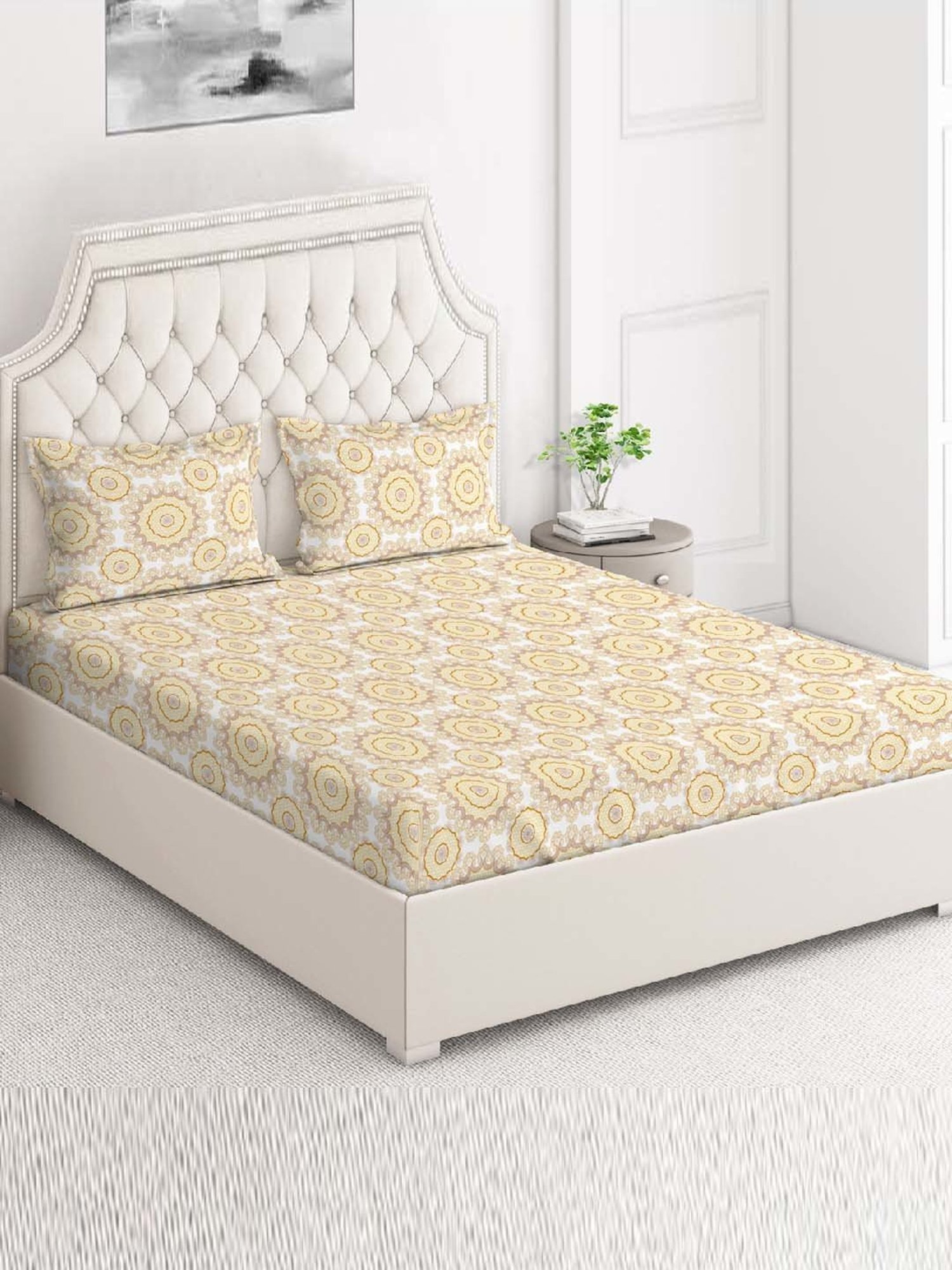 Layers Firenze Yellow Cotton 144 TC King Flat Bed Sheet With 2 Pillow Covers